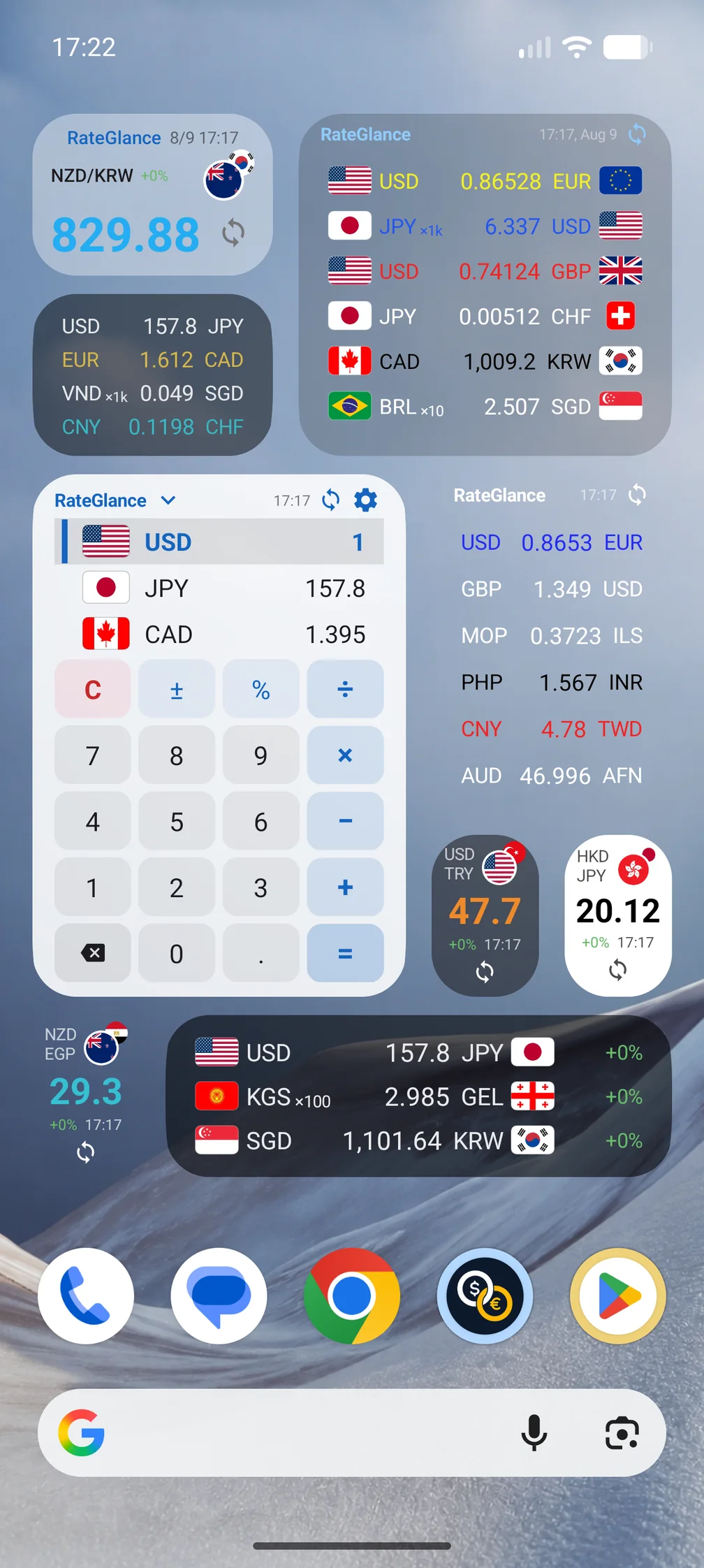 RateGlance exchange rates on an Android phone
