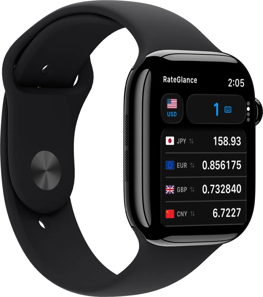 RateGlance currency calculator on a right-facing Apple Watch