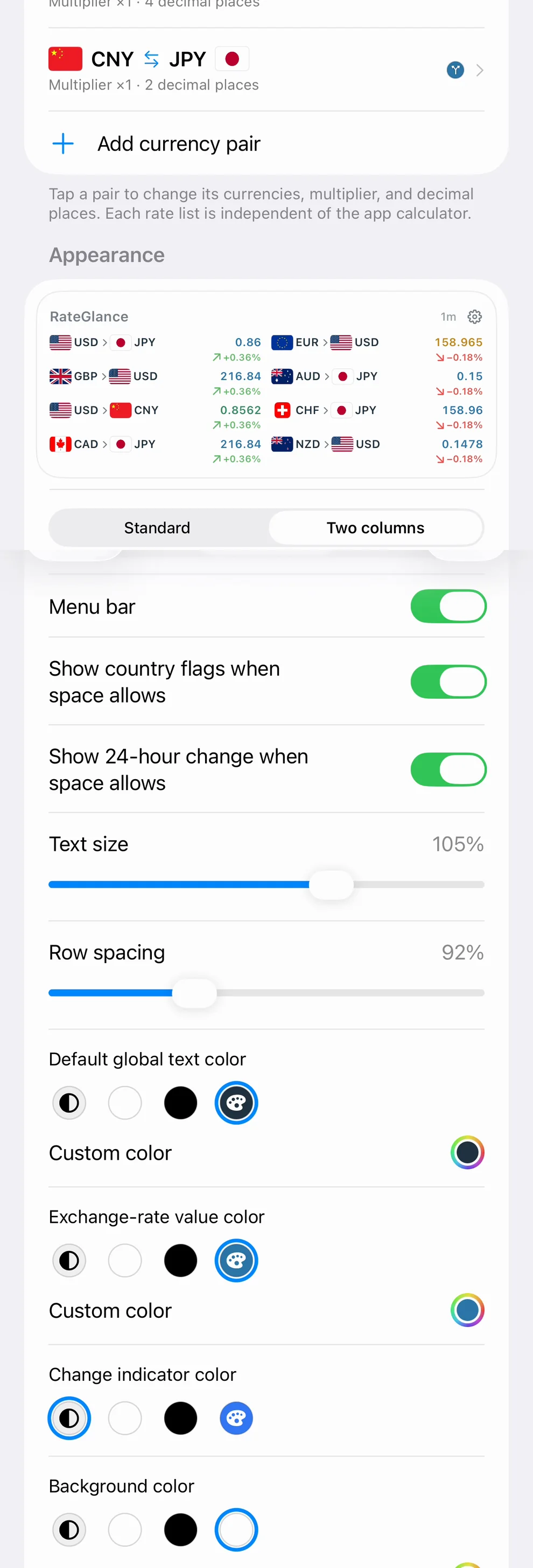 Real RateGlance widget settings controls